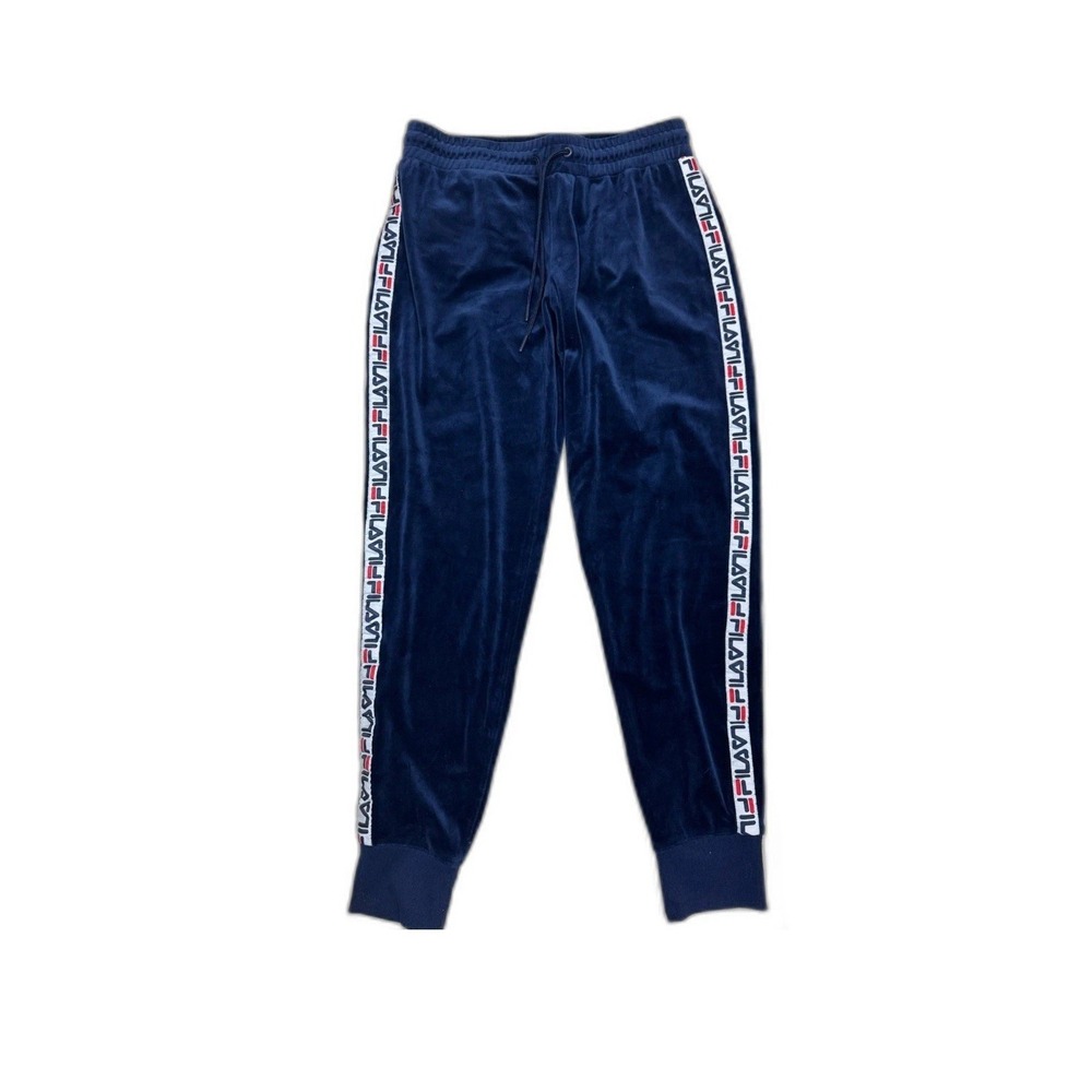 FILA Women's Size M Dolly Velour Track Jogger Pants Navy Blue Logo‎ Stripe